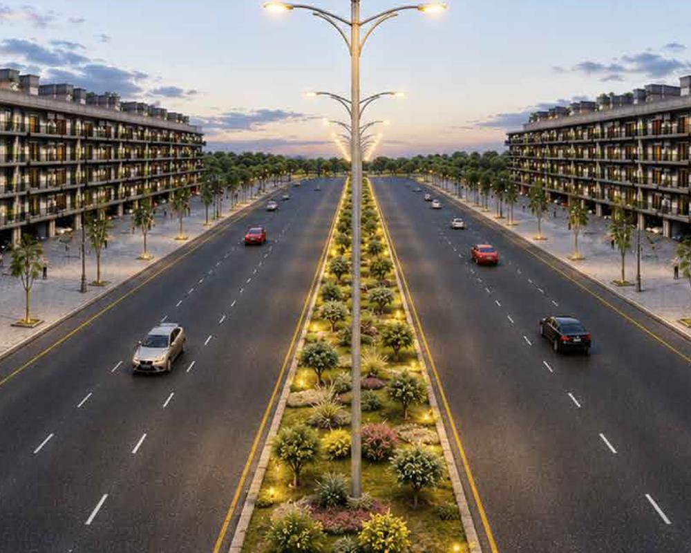 The lamp-lined boulevard through Spiti Homes with independent floors on both sides